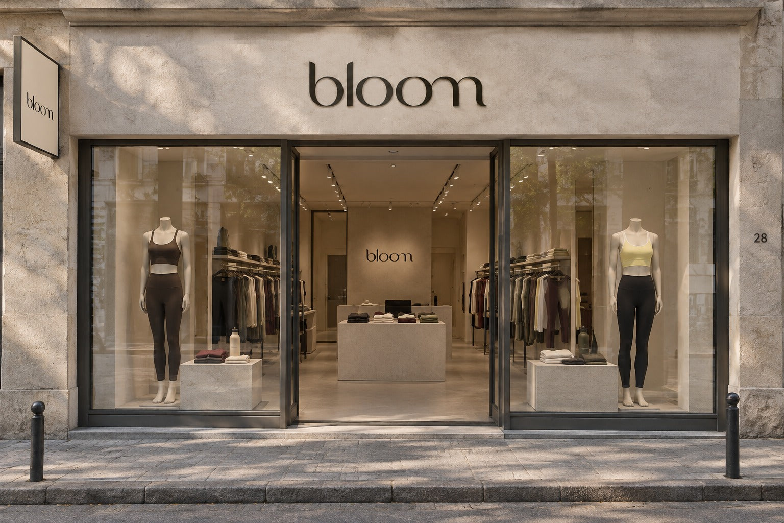 La devanture de la boutique Bloom, vitrines et enseigne en pierre claire