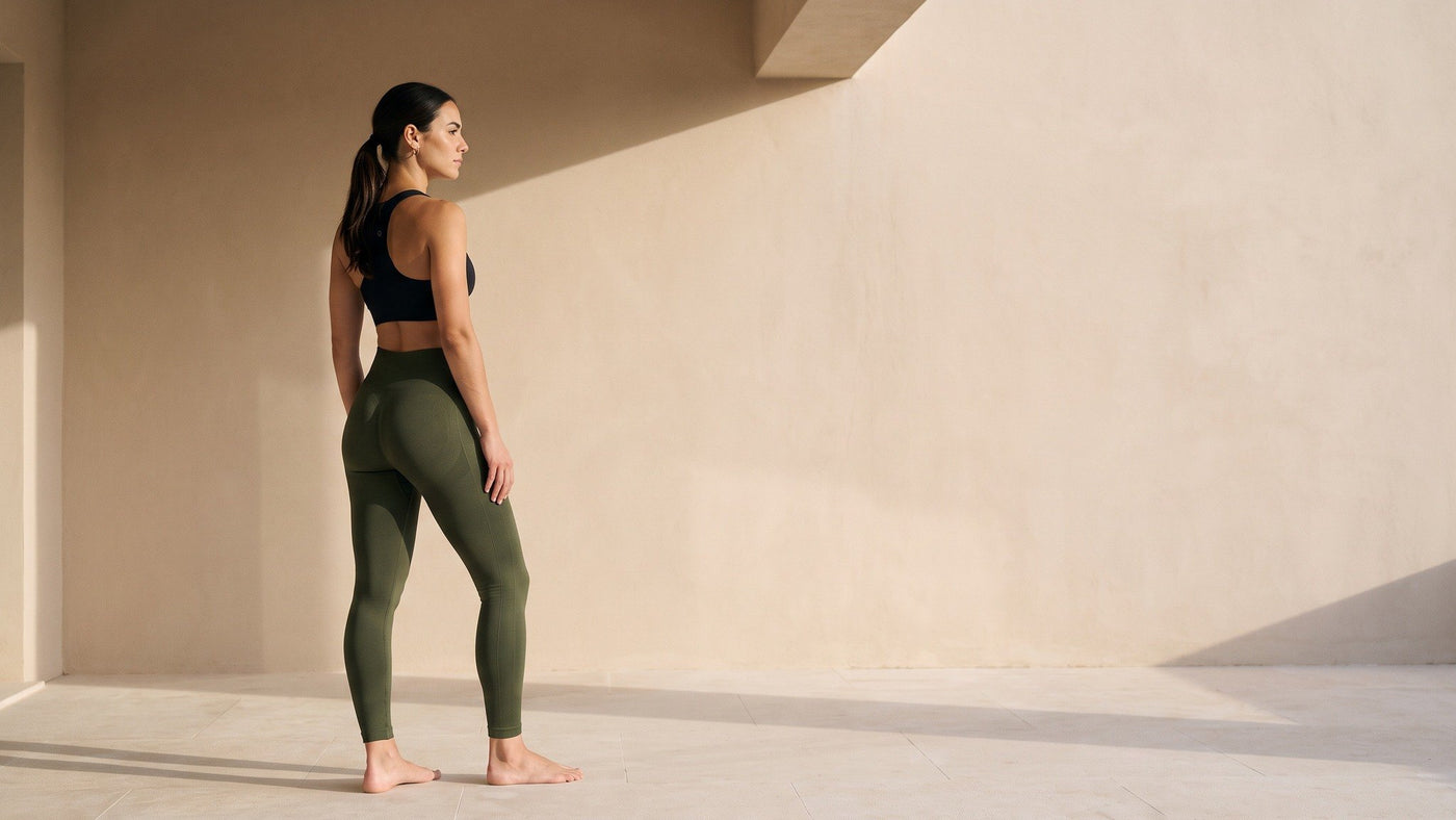 Sculpt Seamless Leggings vert olive, mannequin de trois quarts dos sur une terrasse minimaliste