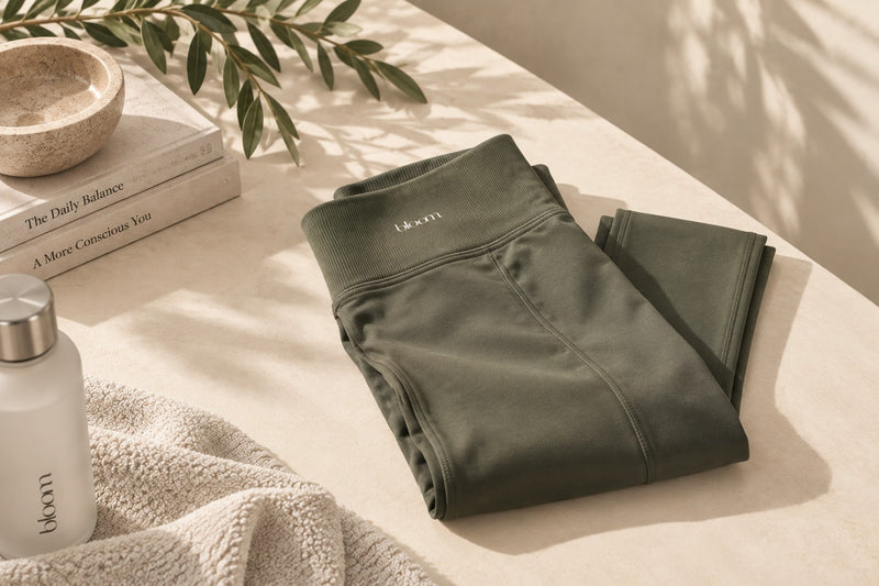 Legging BLOOM vert olive plié sur une table claire, avec une branche d'olivier et une gourde BLOOM